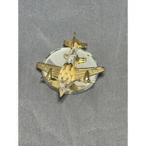 Vintage 3" Authentic Crystal And Gold Airplane On Glass Mirror Base